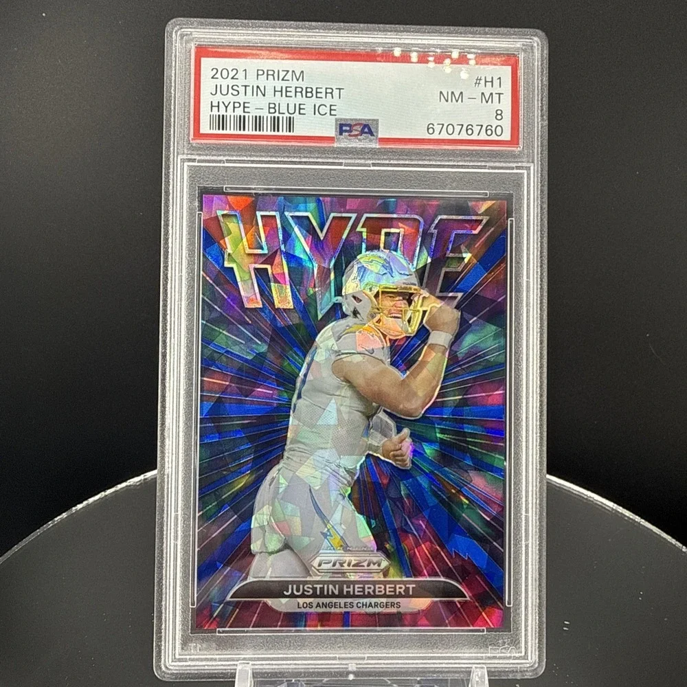 2021 Panini Prizm Justin Herbert HYPE Cracked Ice /99 Chargers PSA 8
